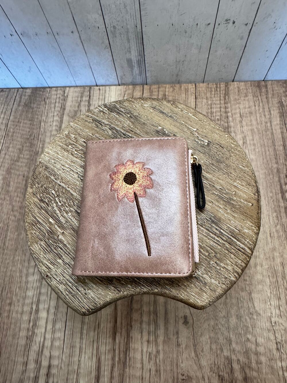 Pink Vegan Leather Wallet Embroidered Flower Purse Bag Wallet Fast Ship